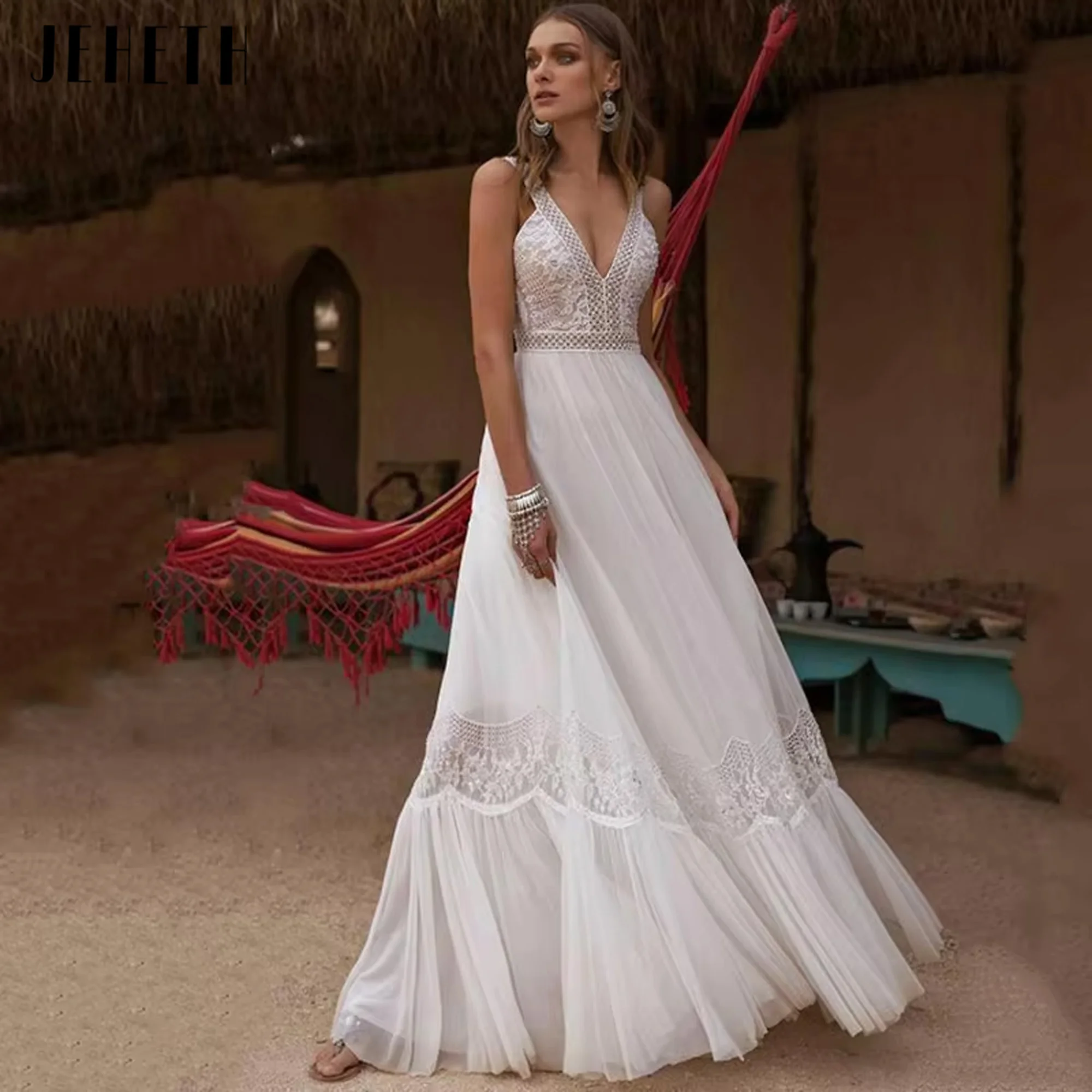 

JEHETH 2025 New Summer Boho Wedding Dresses Lace Sleeveless V-Neck Line Gown Backless Bride Dress Full Length On Sale Customized