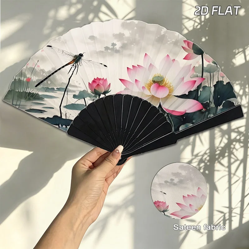 Elegant Misty Pond Lotus Watercolor Printed Hand Fan, Plastic Frame Design 1pc,  for Daily Cooling and Casual Outdoor Use