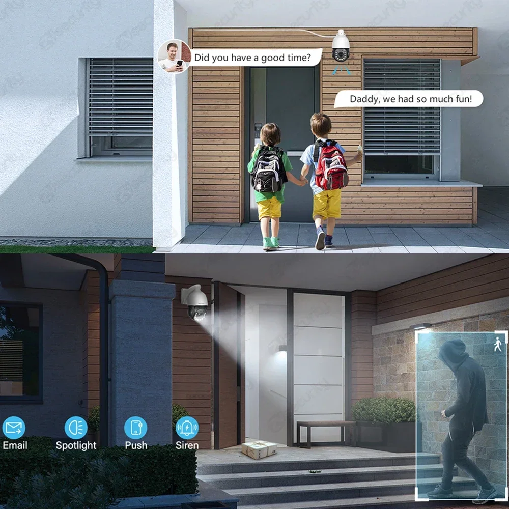 كاميرا 6MP PTZ POE IP خارجية 30X زووم بصري تتبع تلقائي بشري، كشف الإنسان/المركبات، محادثة ثنائية الاتجاه، رؤية ليلية 32 قدمًا