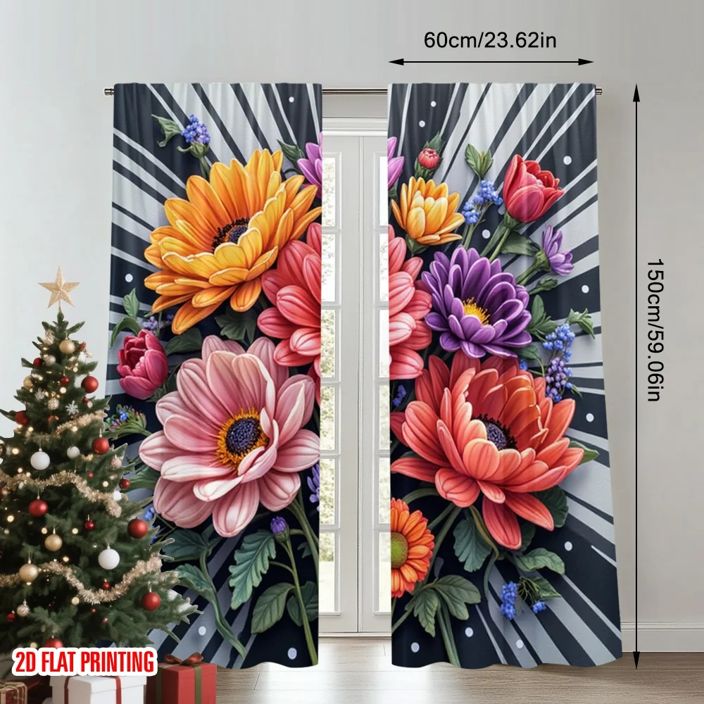 2pcs 2D flat printing Curtain Vibrant Floral Garden Canvas Digital Printed Polyester Drapes Family Party Use for Indoor Outdoor