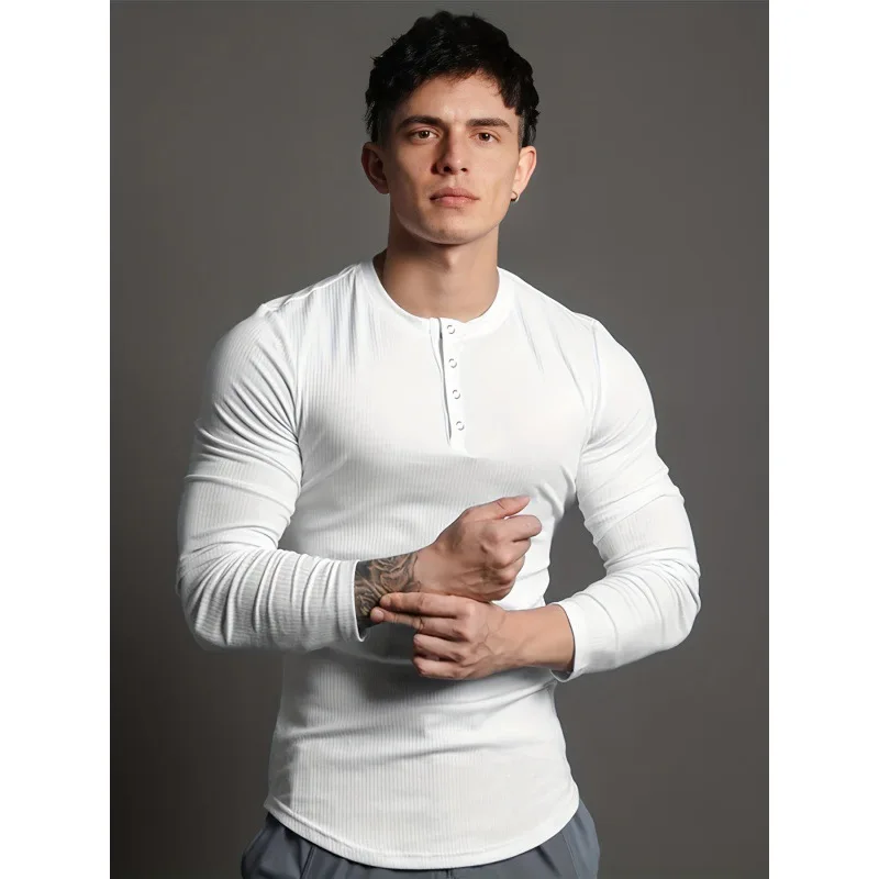 Summer Men's Cotton Casual Henry Collar Shirts Fashion Long Sleeve T-shirt Tops Male Gym Fitness Clothing European Size XS-XL