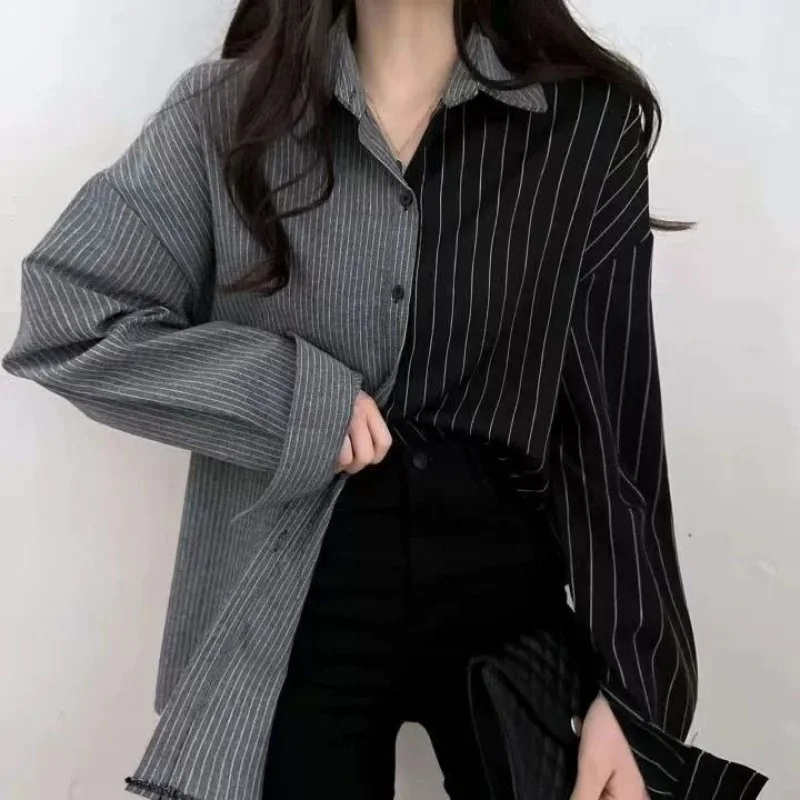 Fashion Striped Shirt Women's Spring and Autumn Loose Stitching Single-Breasted Ladies Blusas Casual Top Female Blouses