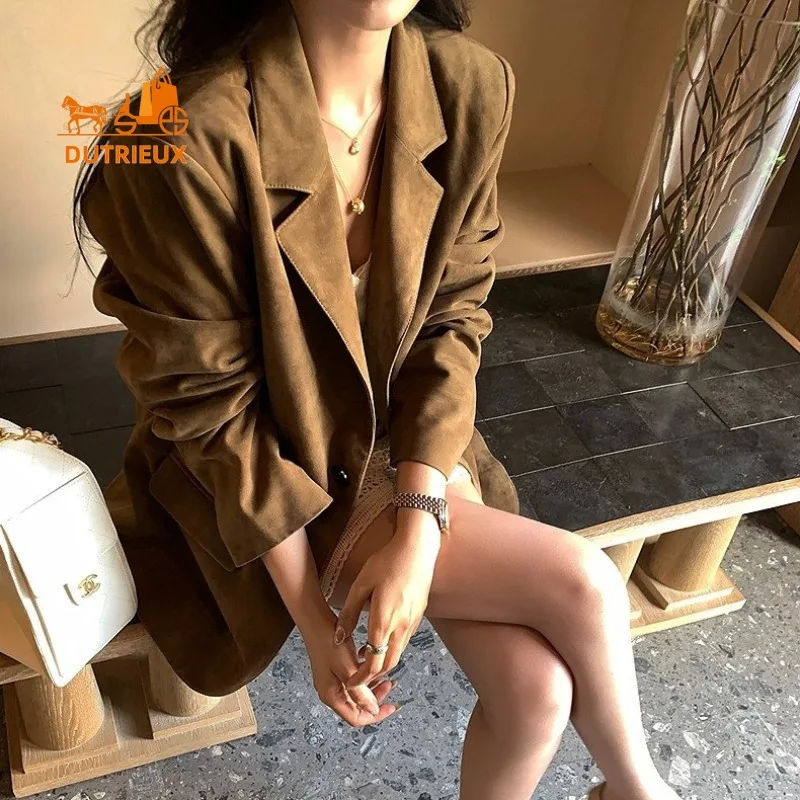 Autumn and Winter Women's Mid-length Suede Suit Real Leather Jacket, 100% Genuine Sheepskin, Noble Romantic Feminine Casual Coat