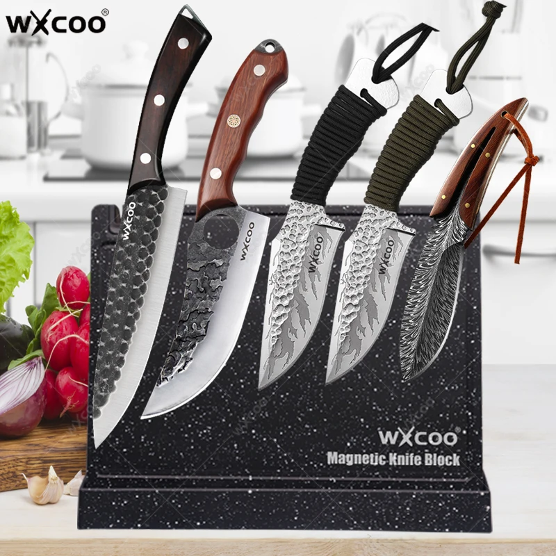 

Handmade Steel Kitchen Boning Knives Chef Slicing Knife Meat Cleaver Cutter with Cover Double-sided Magnetic Knife Block