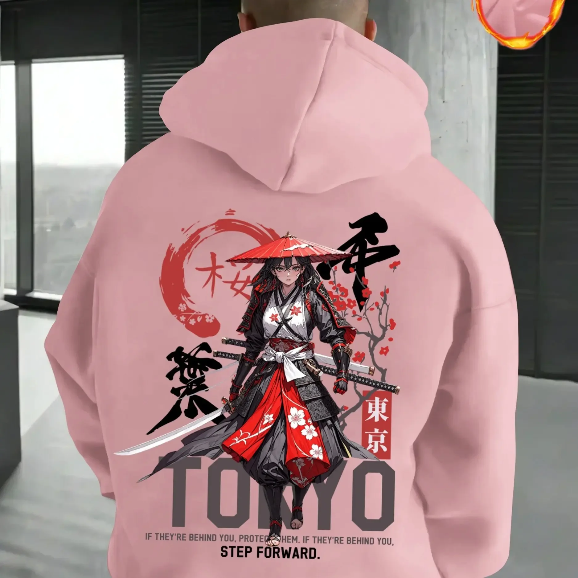 Korean Hot Trend Japanese Female Samurai Cherry Blossom Tokyo Back Print Fleece Hoodie Men Loose Oversized Unisex Pullover