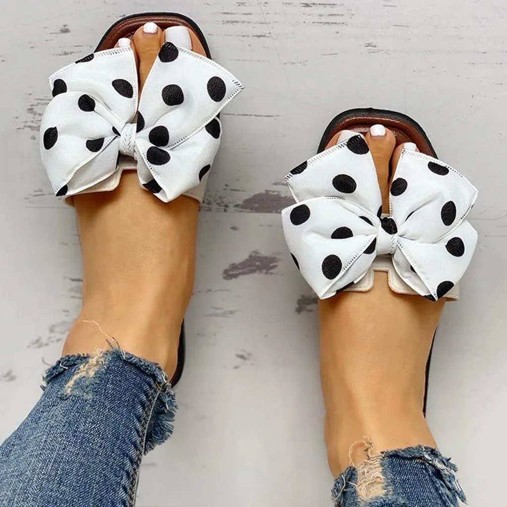 Women Slippers Summer Wave Dot Bow Knot Square Toe Slippers Indoor And Outdoor Wear Beach Fashionable Comfortable Sandals