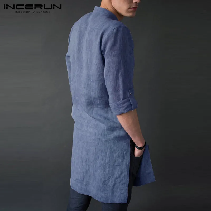 INCERUN 2024 Men Shirt Solid Color Stand Collar Long Sleeve Loose Vintage Casual Men Clothing Streetwear Retro Male Long Shirts