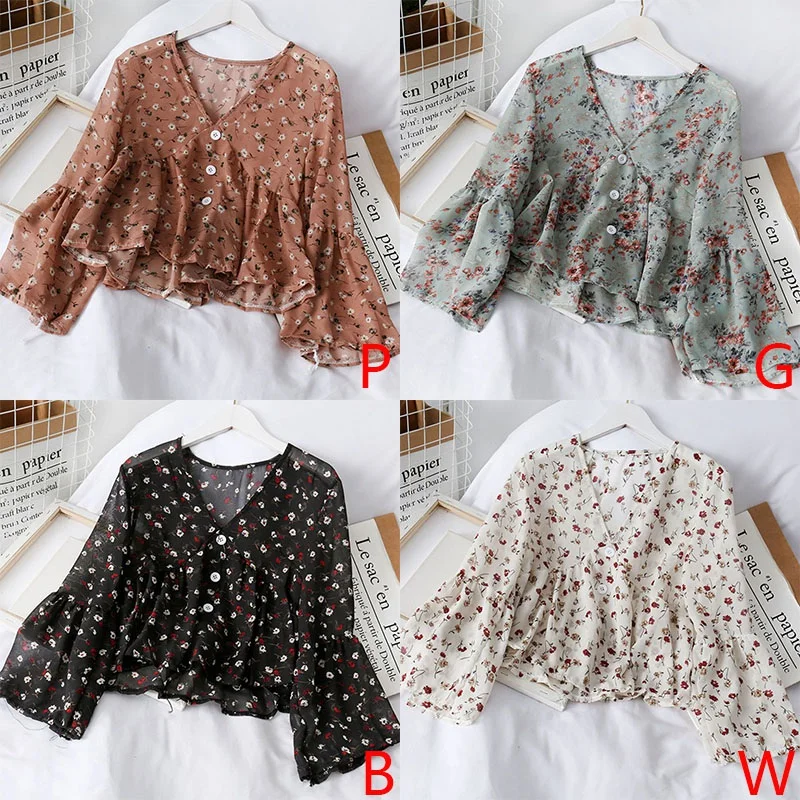 Long Sleeves Chiffon Shirt Women Loose Fit Floral Print Blouse Elegant Casual All-Match Breathable Sweet Versatile Summer