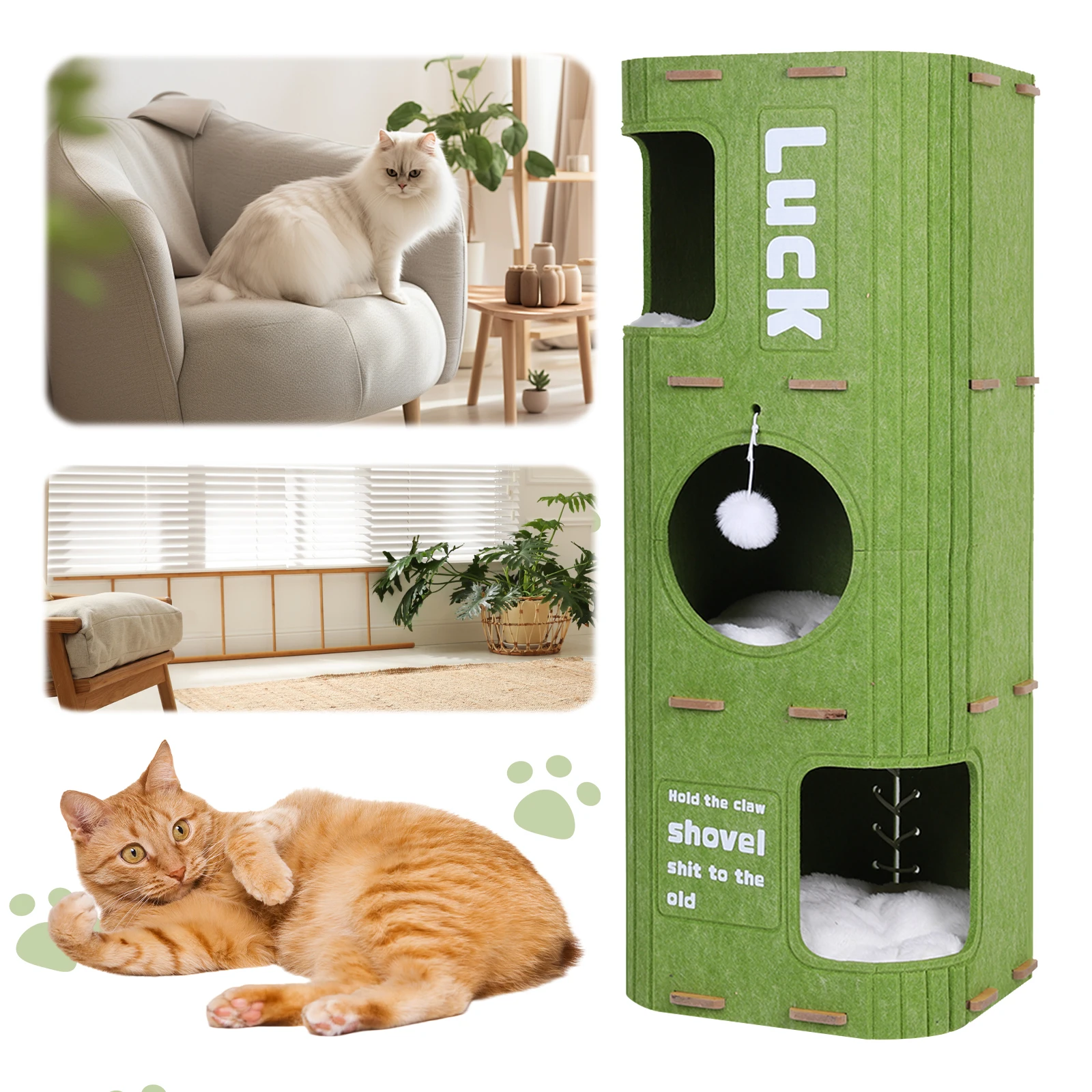 

3-Tier Green Felt Cat Bed Space Saving Square Cat Climbing Frame Creative Cat Bucket for Multi-Cat Family Pet Entertain Nest