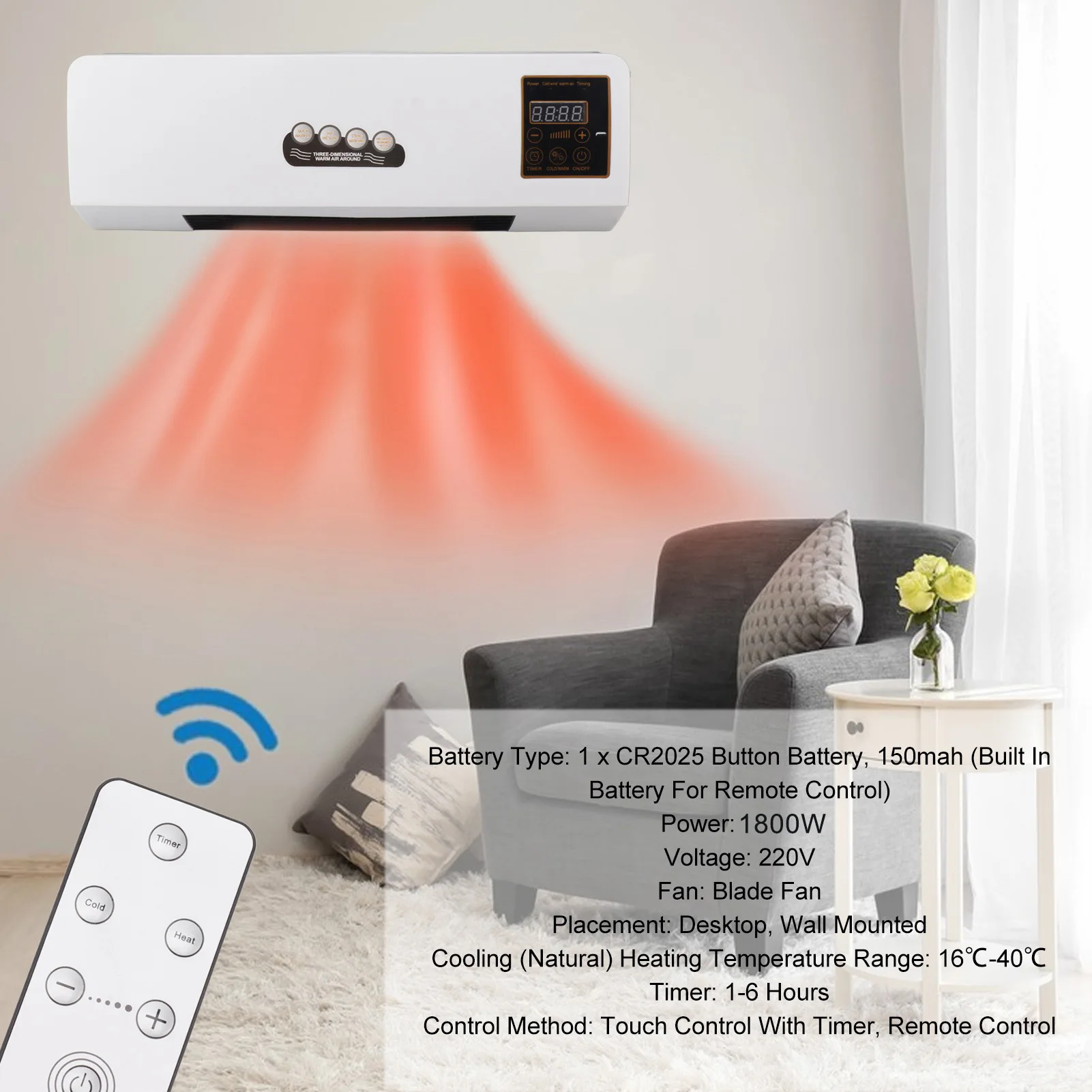 

1800W Electric Space Heater Wall Mounted Heater Remote Control Heater