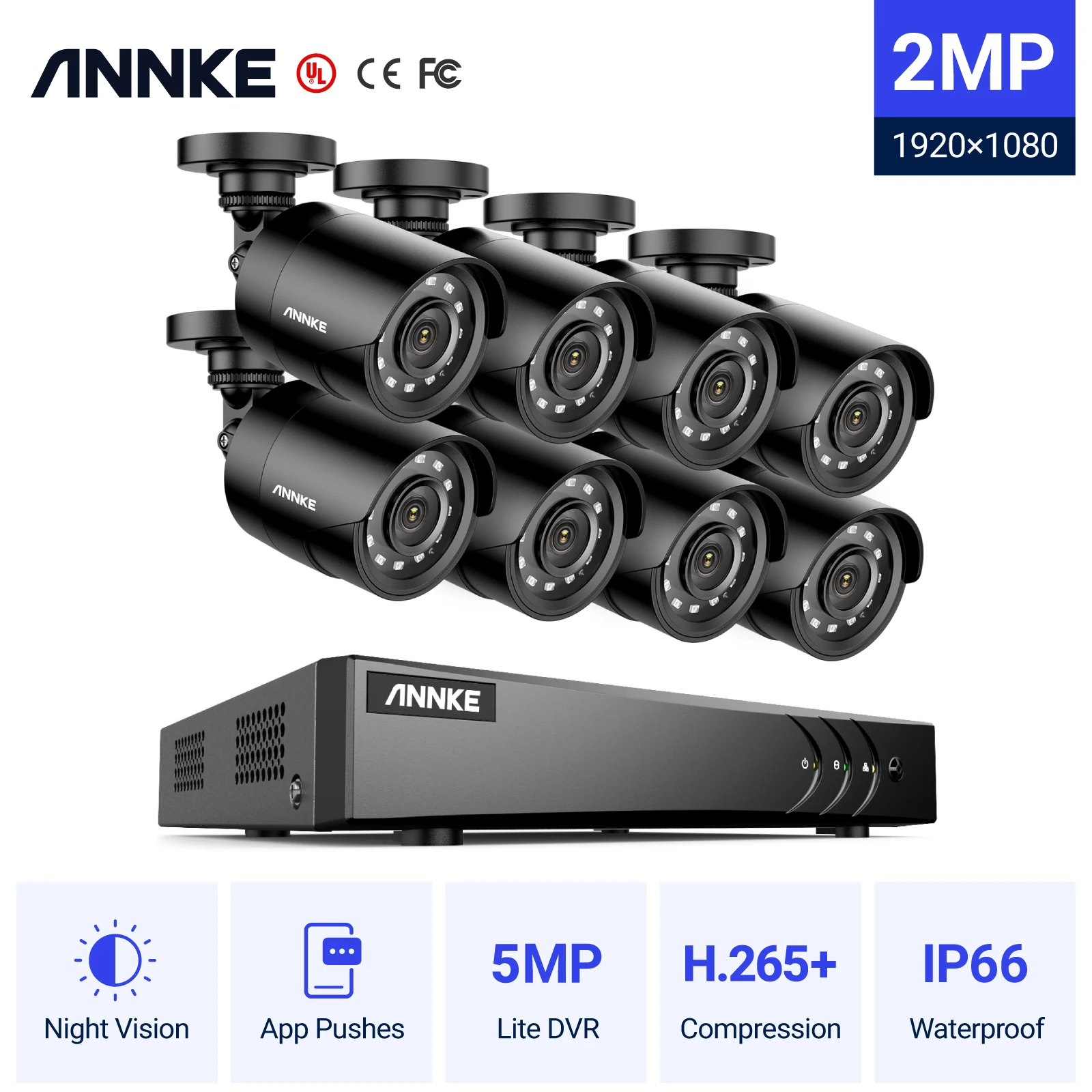 ANNKE 8CH 2MP HD Video Security System 5in1 5MP Lite H.265+ DVR With 8X TVI Smart IR Waterproof Outdoor CCTV Surveillance Camera