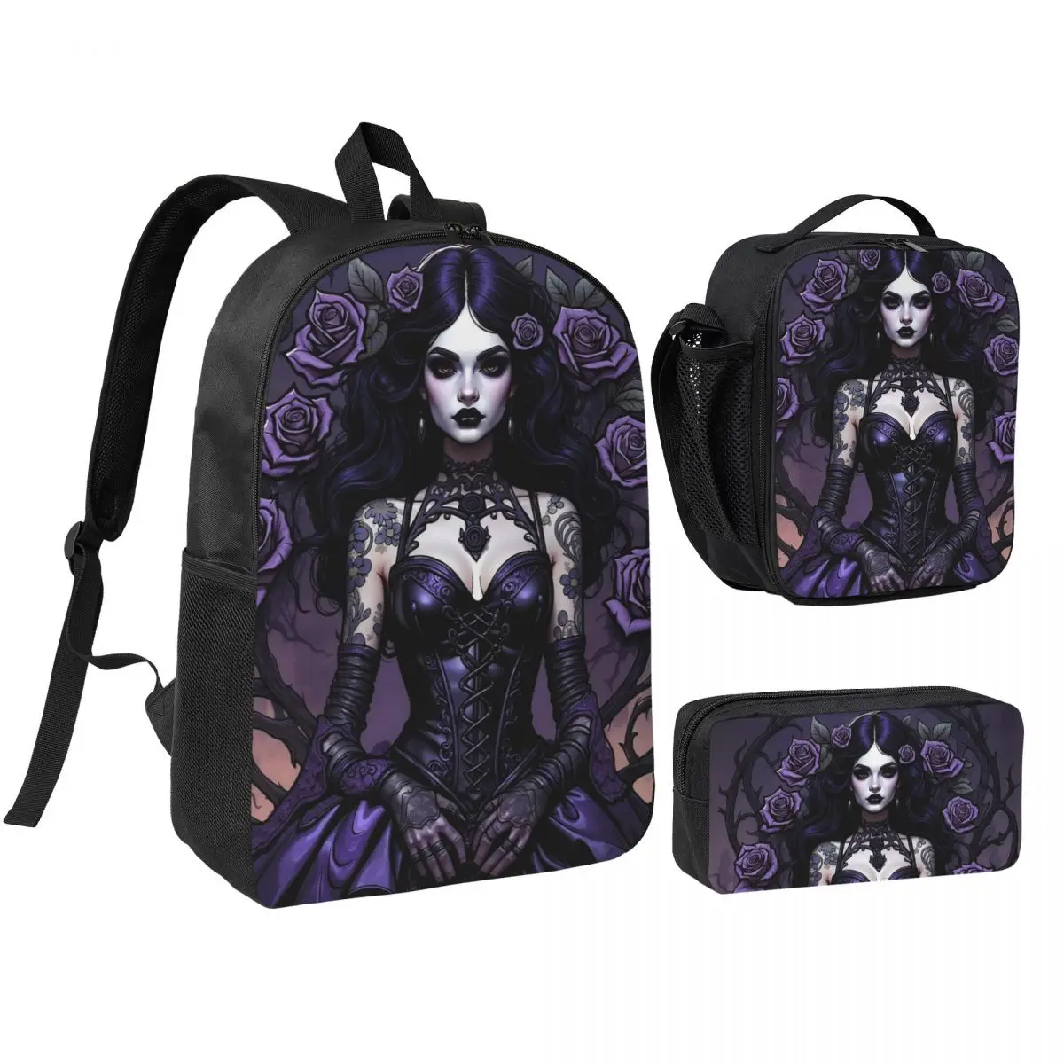 Gothic Girl Violet Black Mystical Style Backpack Boys Girls BookBag School Bag Shoulder Bags 3ps Insulated Lunch Bag Pencil Case