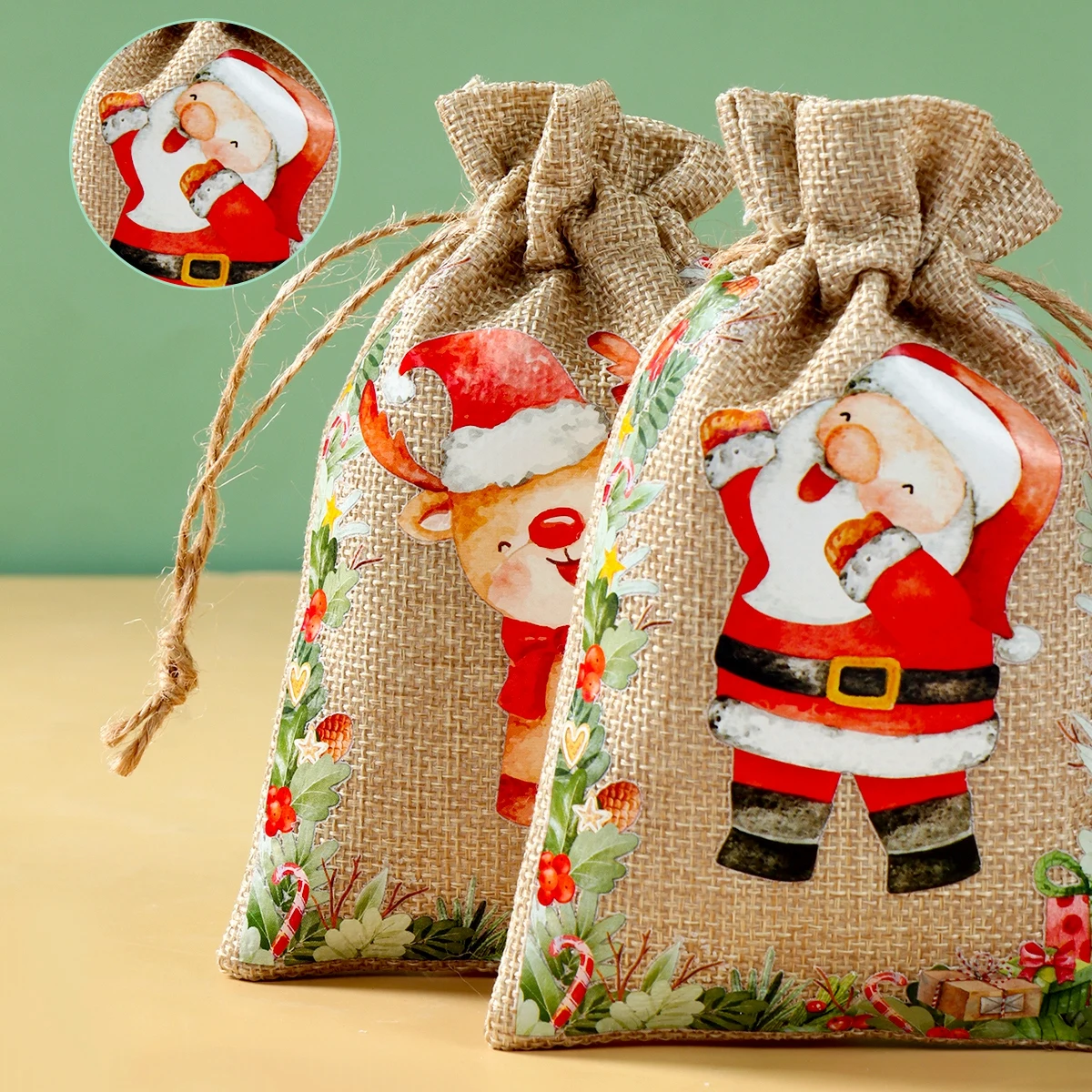 6Pcs Santa Claus Elk Bells Small Bear Drawstring Natural Burlap Bag Jute Gift Bag 10x15cm Cotton Linen Christmas Print Gift Bag