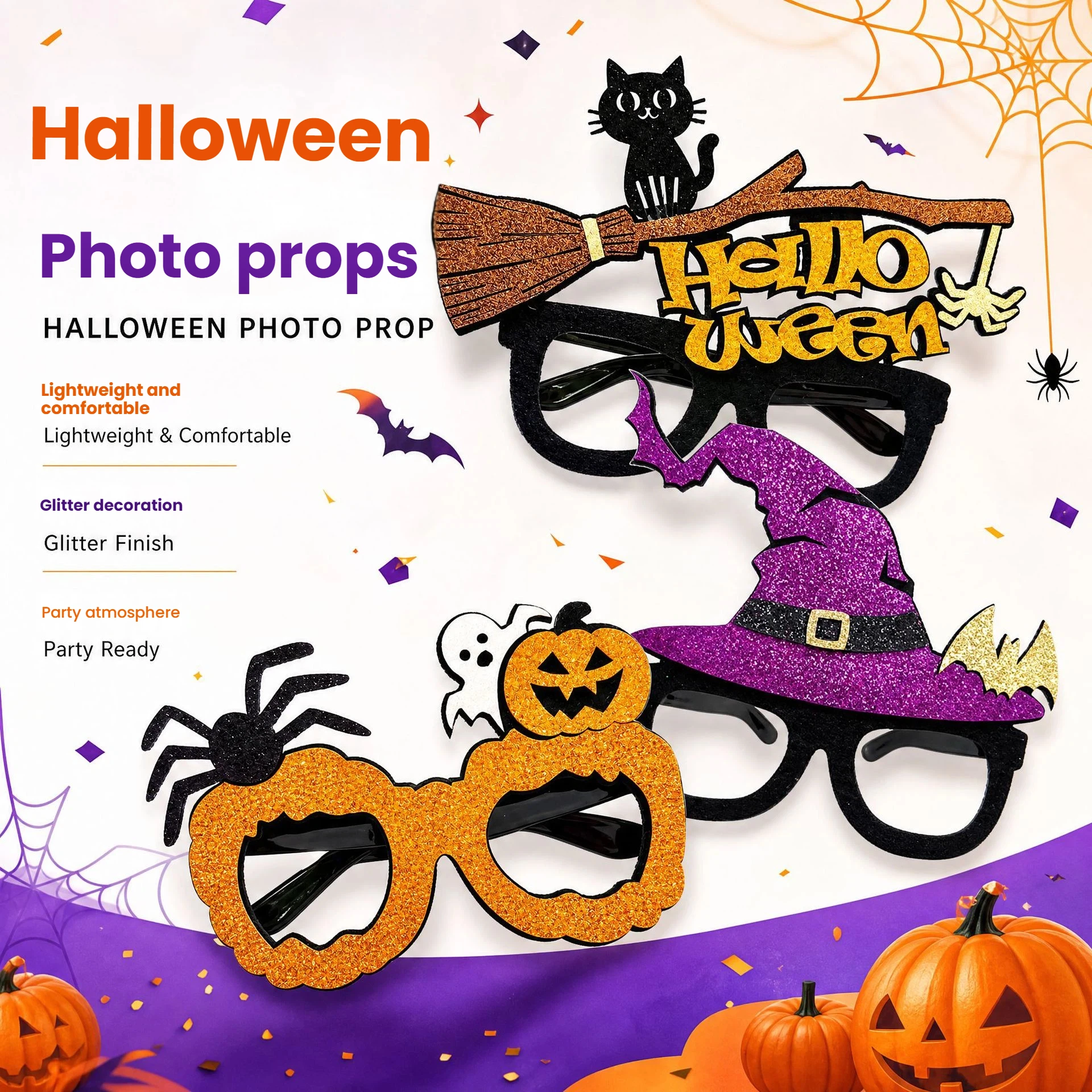 Halloween Party Glasses Witch Hat Black Cat Pumpkin Ghost Spider Decorative Eyeglasses Photo Props For Adults Cosplay  Party