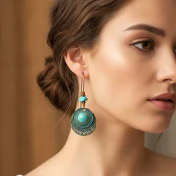 Vintage Palace Style Dangle Earrings for Women Boho Ethnic Creative Hollow Leaf Round Sun Hand Water Drop Earring Female Jewelry
