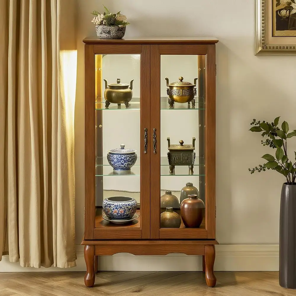Vitrina Iluminada con Estantes de Vidrio Ajustables, Panel Trasero con Espejo y Vidrio Templado, Vitrina Decorativa de 3 Niveles Estilo Vintage