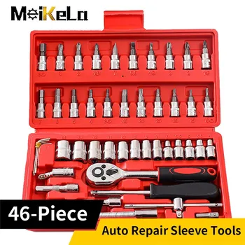 Meikela 46pcs car repair tool set, 1/4-inch socket set, ratchet torque wrench, Combo tools kit, auto repair tool set