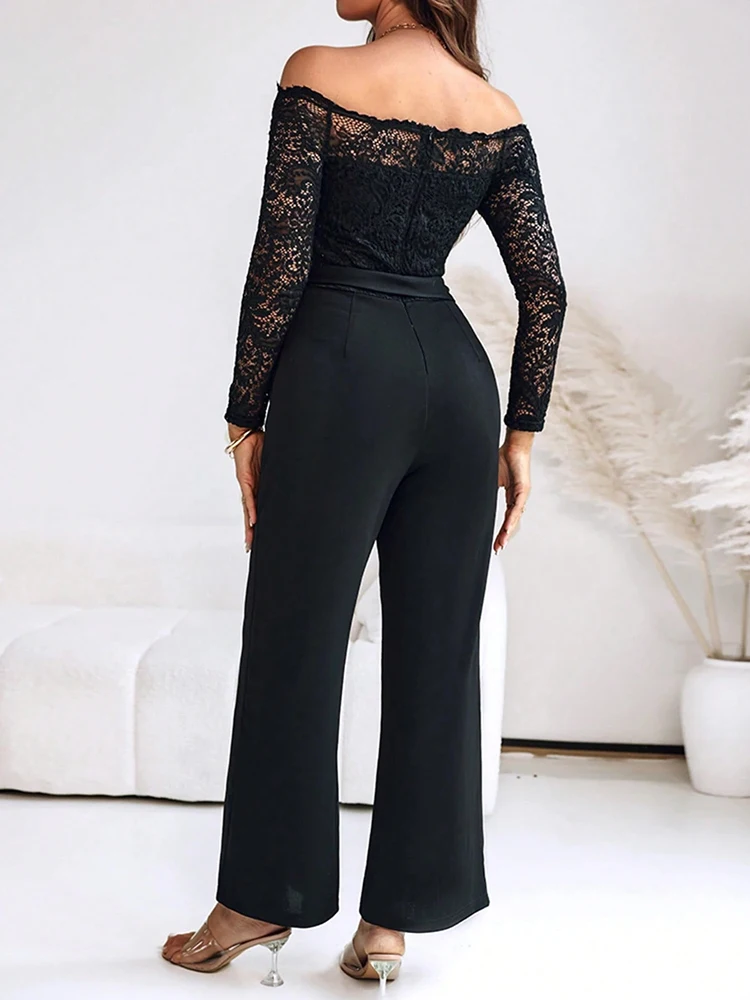 

Fashion One-shoulder Lace Edge Slim Jumpsuits Casual Hollow Out Long Sleeve Women's Playsuits Elegant Solid High Waist Rompers