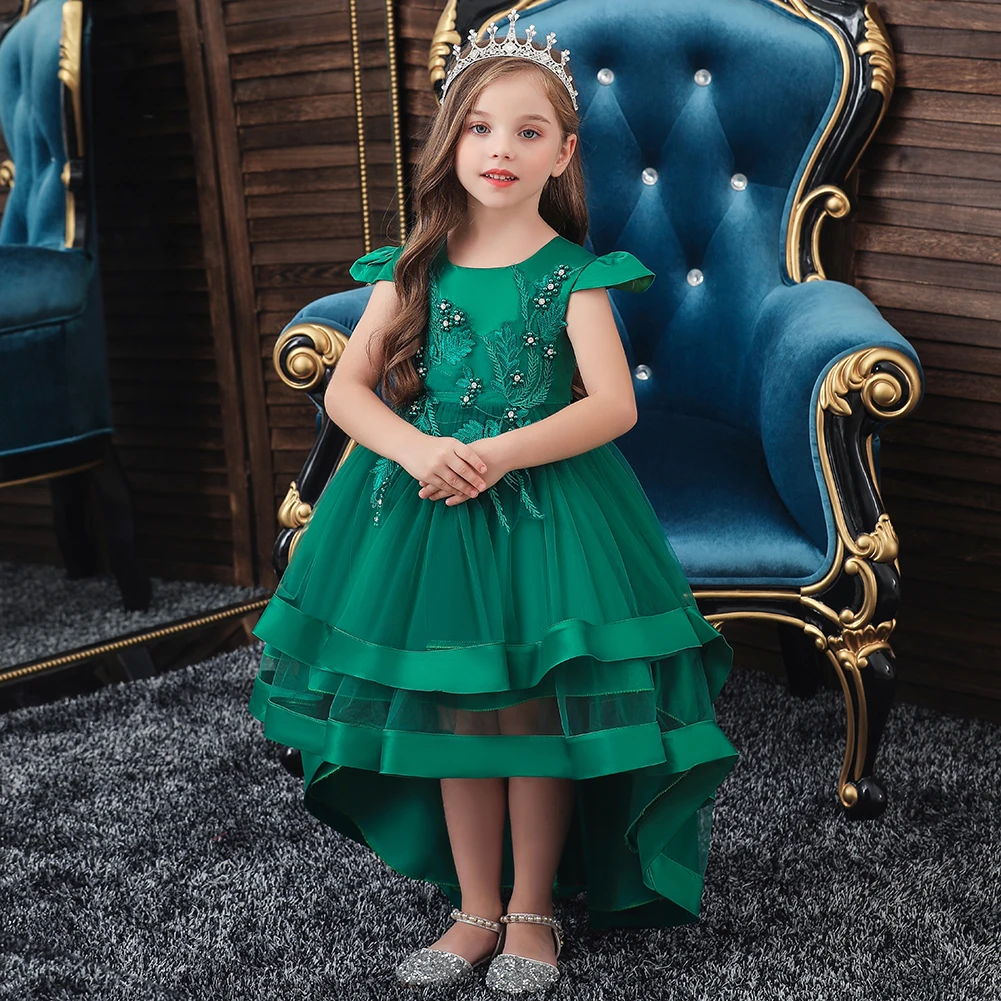 Green Sand Tail Wedding Bridesmaid Dress Child Elegant Banquet Gown Kid Round Neck Sleeveless Dress Girl