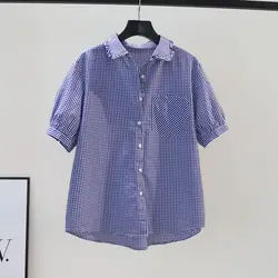 Womens Shirts Waveselvedge Lapel Plaid Shirt Casual Loose Short Sleeve Blouses Summer Trend Thin Tops Artistic Fashion Blouse