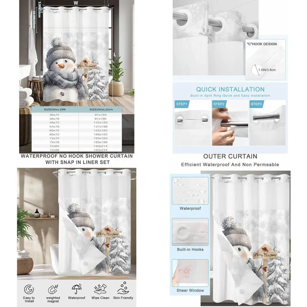 

Christmas Snowman Waterproof Shower Curtain with Mesh Window, 72x72 Inches