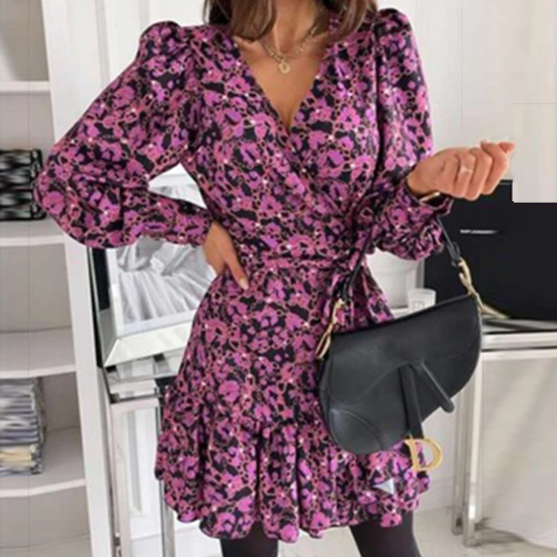 

Sexy Slim V-Neck Plaid Printed Floral A-line Belted Dress Women Autumn Winter Purple Long Sleeve Pullover Ruffle Elegant Dresses