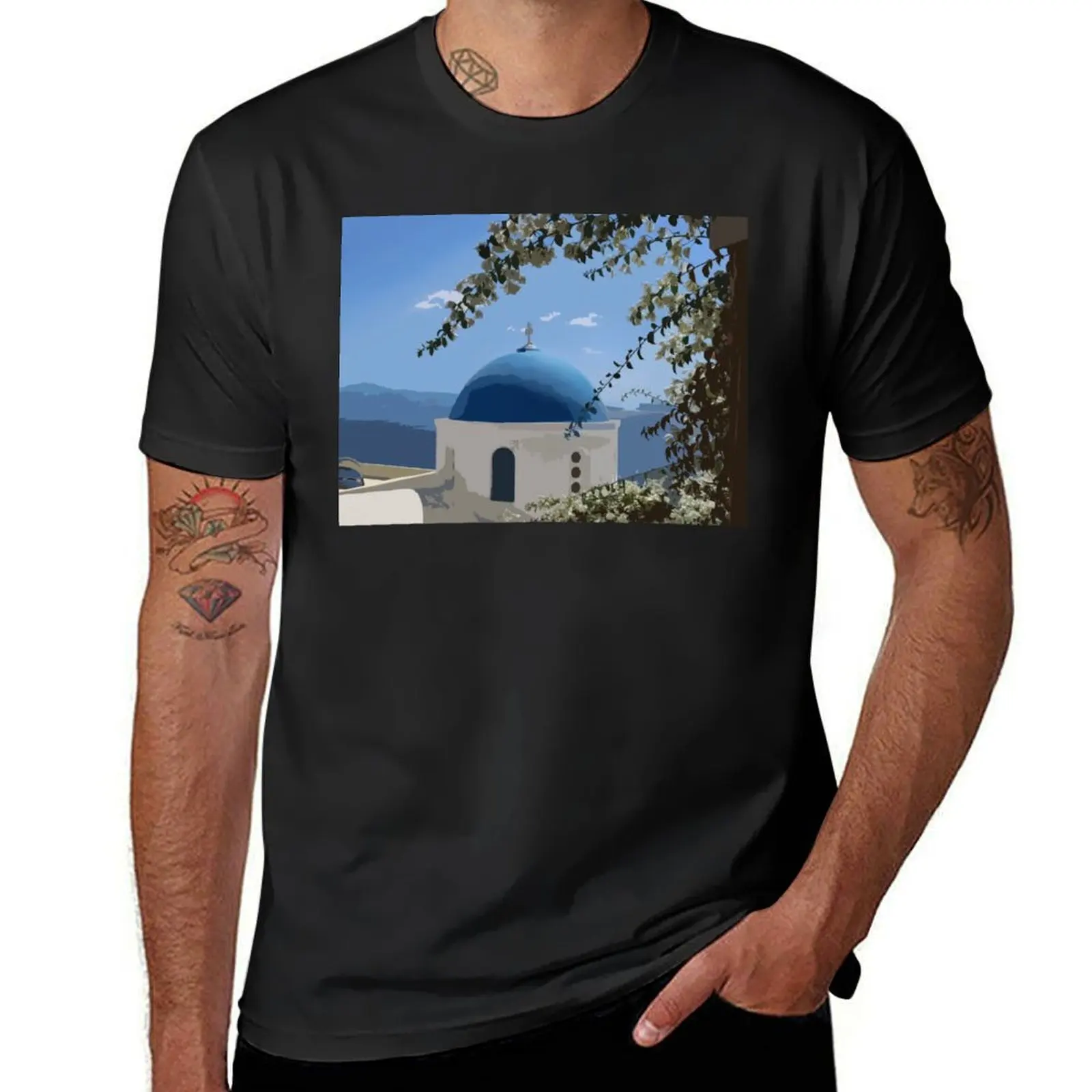 Santorini View Blue Domed Rooftop T-Shirt sports fans aesthetic clothes blanks customs design your own men workout shirt