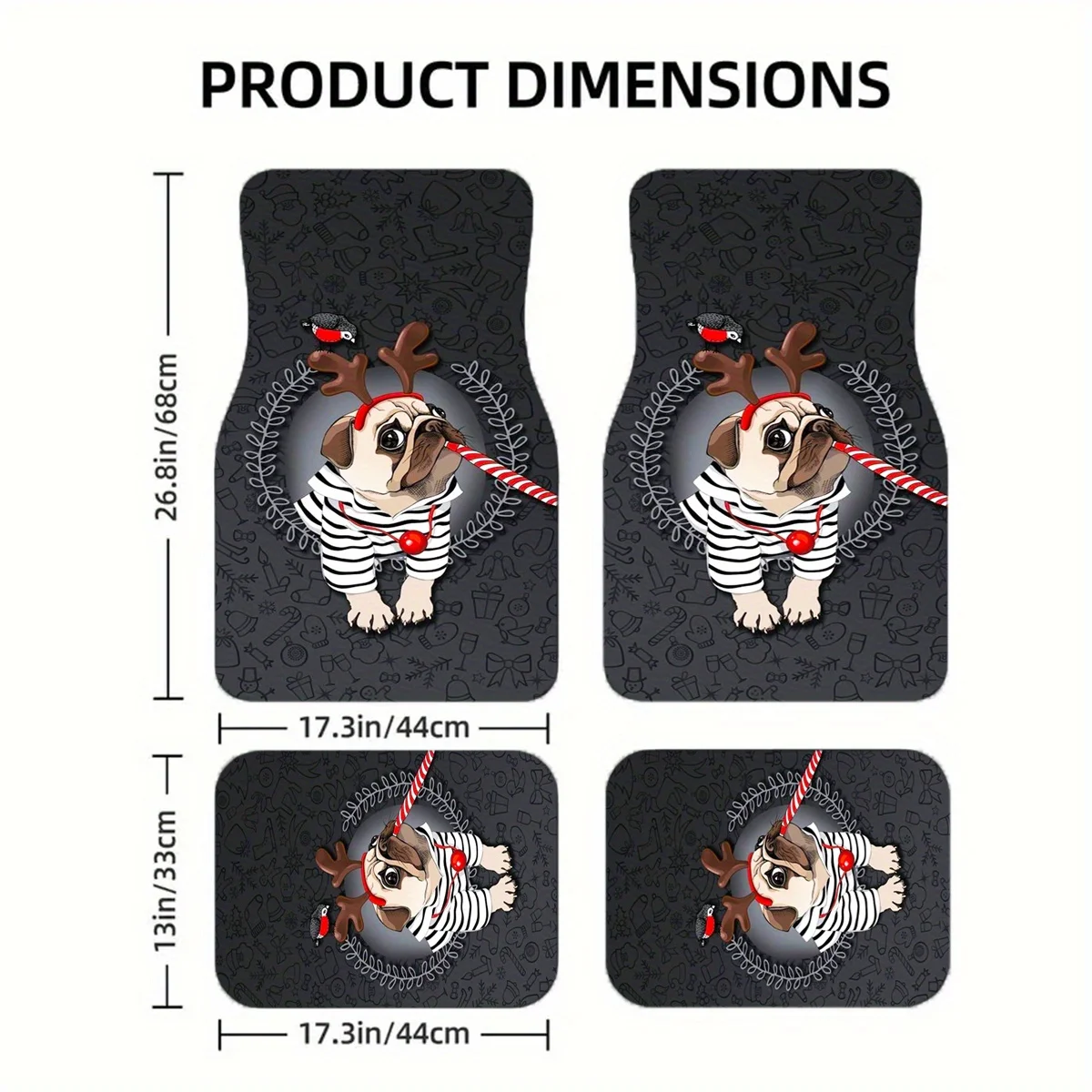 4pcs Cute French Bulldog With Antlers Pattern Fashion Art Car Mats | Polyester, Universal Fit For All Seasons, Comfortable And D