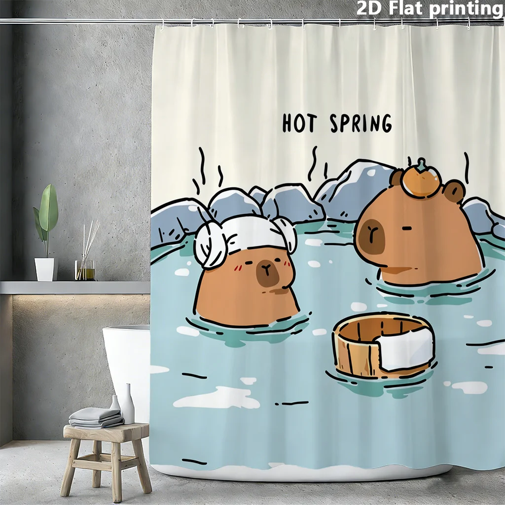 

Capybara Shower Curtain, Cute Animal Hot Spring Print, Kawaii Cartoon Bathroom Decor, Waterproof Fabric Panel for Bath