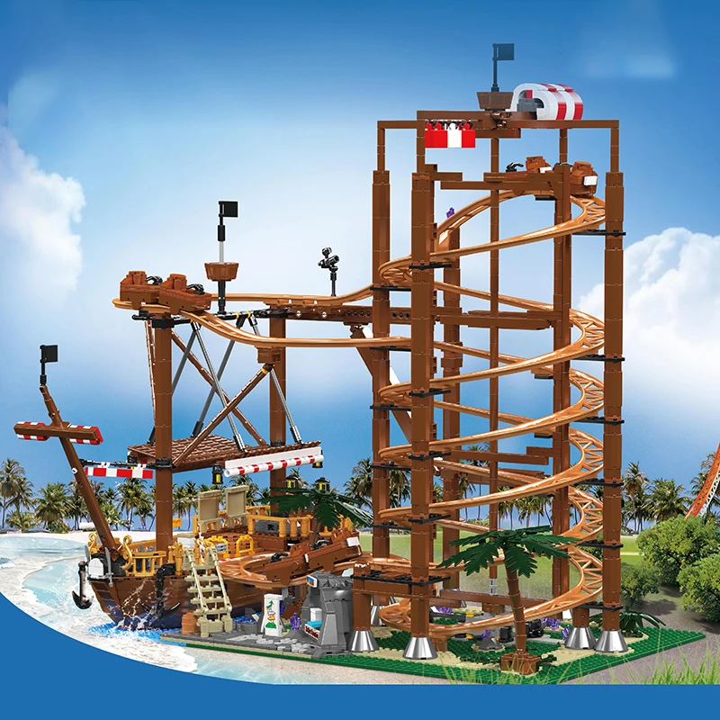 2174 stücke Elektrische Doppel Helix Achterbahn mit Piraten Schiff Bausteine 11013 Kreative Ziegel Spielzeug für Kinder Erwachsene Geschenke