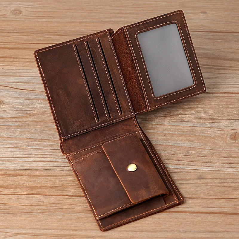 

Мужской кожаный кошелек Crazy Horse в стиле ретро, многофункциональный карман для монет на кнопках, мужской кошелек из воловьей кожи