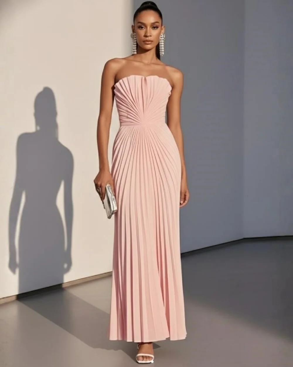 Customized Fashion Exquisite Jersey Pleat Ruched Draped Straight Strapless Midi Dresses Evening Dresses Exquisite High Quality