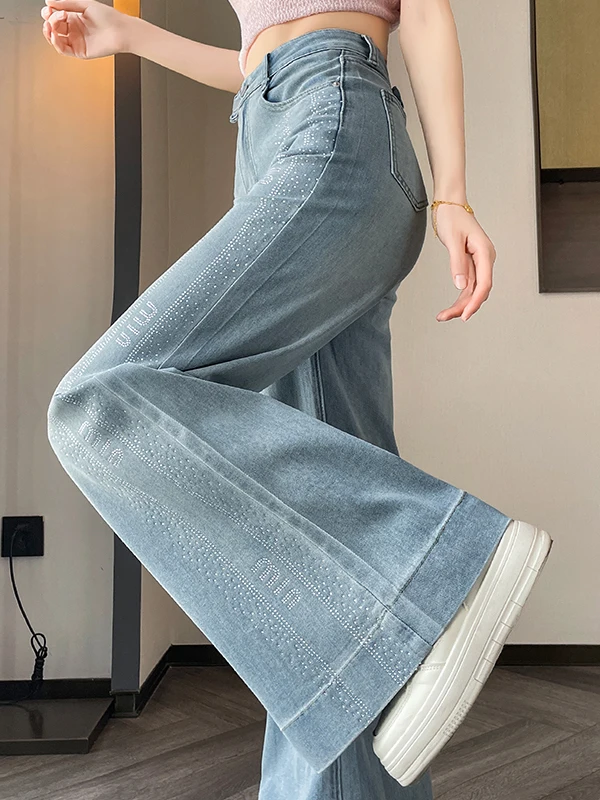 

High Waist Wide Leg Denim Jeans Women's Blue Star Rhinestone Slim Fit Summer Casual Korean Style Casual Pants