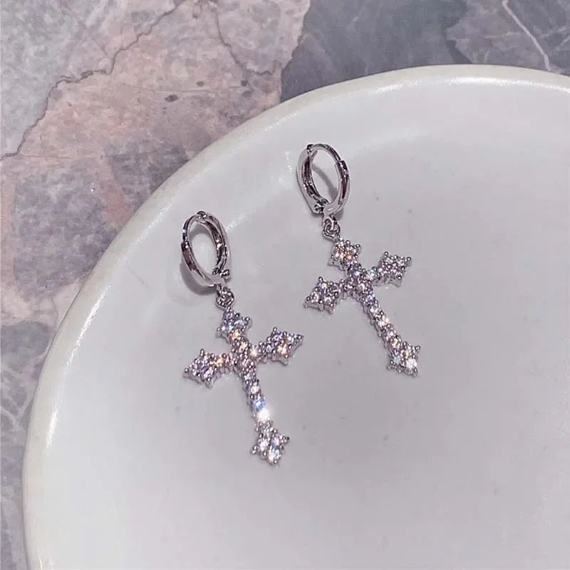 Korean Fashion Zircon Crystal Cross Women Drop Earrings for Gothic Punk Hip Hop Female Piercing Dangle Earrings Party Jewelry