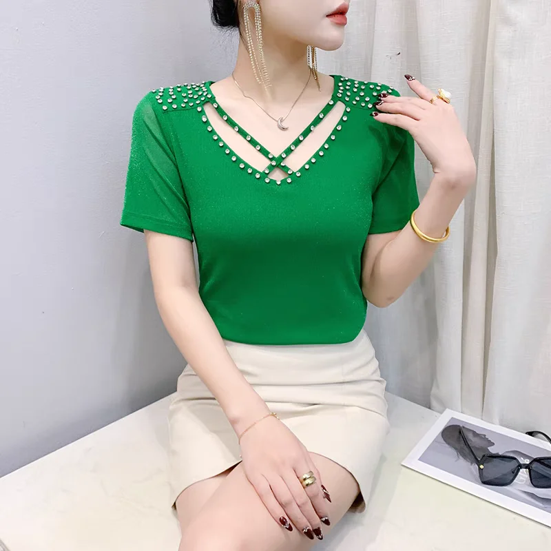 New Arrivals Women's V-Neck Short Sleeve T-Shirt Slim Chic Stylish Casual Mesh Tops Summer Shiny Hollow Out Diamonds Tees Shirts