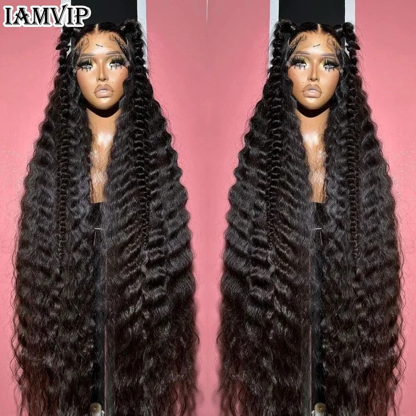 IAMVIP 22 26 Inch Deep Wave Transparent 13x6 13×4 Lace Front Human Hair Wigs 200% Brazilian Water Curly Frontal Wig For Women