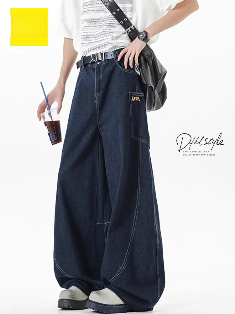 

American Retro Knife Pocket Jeans Men Summer Splicing Straight Loose Wide Leg Long Casual Pants Cotton Polyester Blend