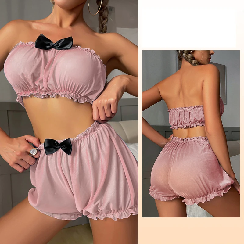 Top Fashion Explosive Female Sexy Pajamas Suit Mesh Gauze Multi-Color Bow tie Pajamas European And American Erotic Underwear