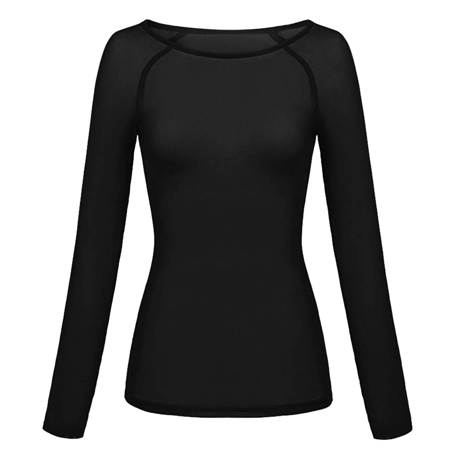 Women Mesh Top Transparent Shirt Long Sleeve Sexy Solid Black White Crewneck Logn Sleeve T-shirts Women's Tunics