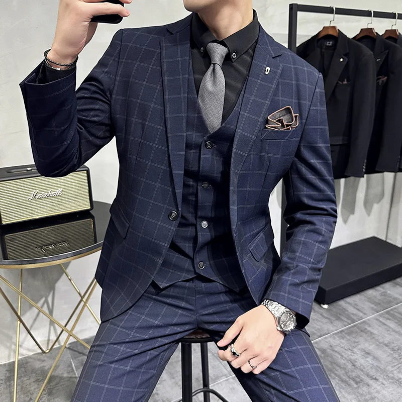 

High-quality Autumn Wedding (suit + Vest + Trousers) Slim-fit Casual Business Large Size Work Suit Men's Dress Three-piece Set