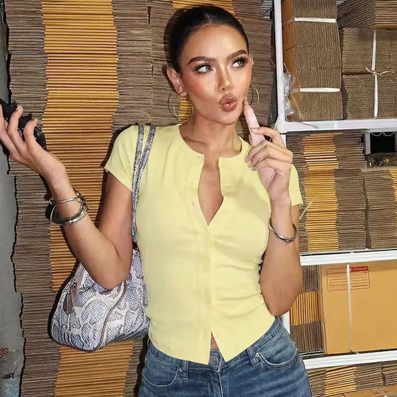Tuularose Fashion New T-Shirt Women's Casual Solid Slim-Fit Crew Neck Cardigan T-Shirt Summer Office Lady Vacation Female Tops - Image 3