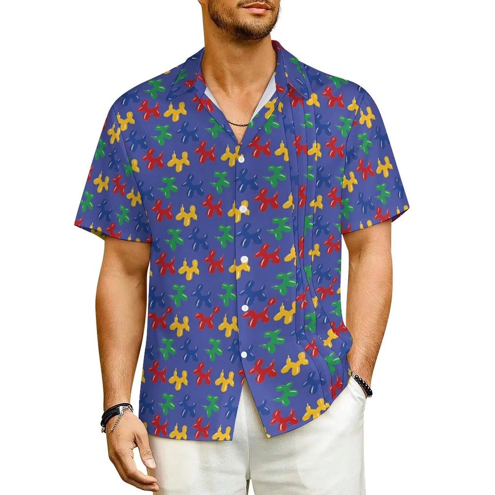 

Balloon Dog Print Casual Shirt Colorful Animal Classic Hawaii Shirts Men Short Sleeve Beach Comfortable Design Plus Size Blouses