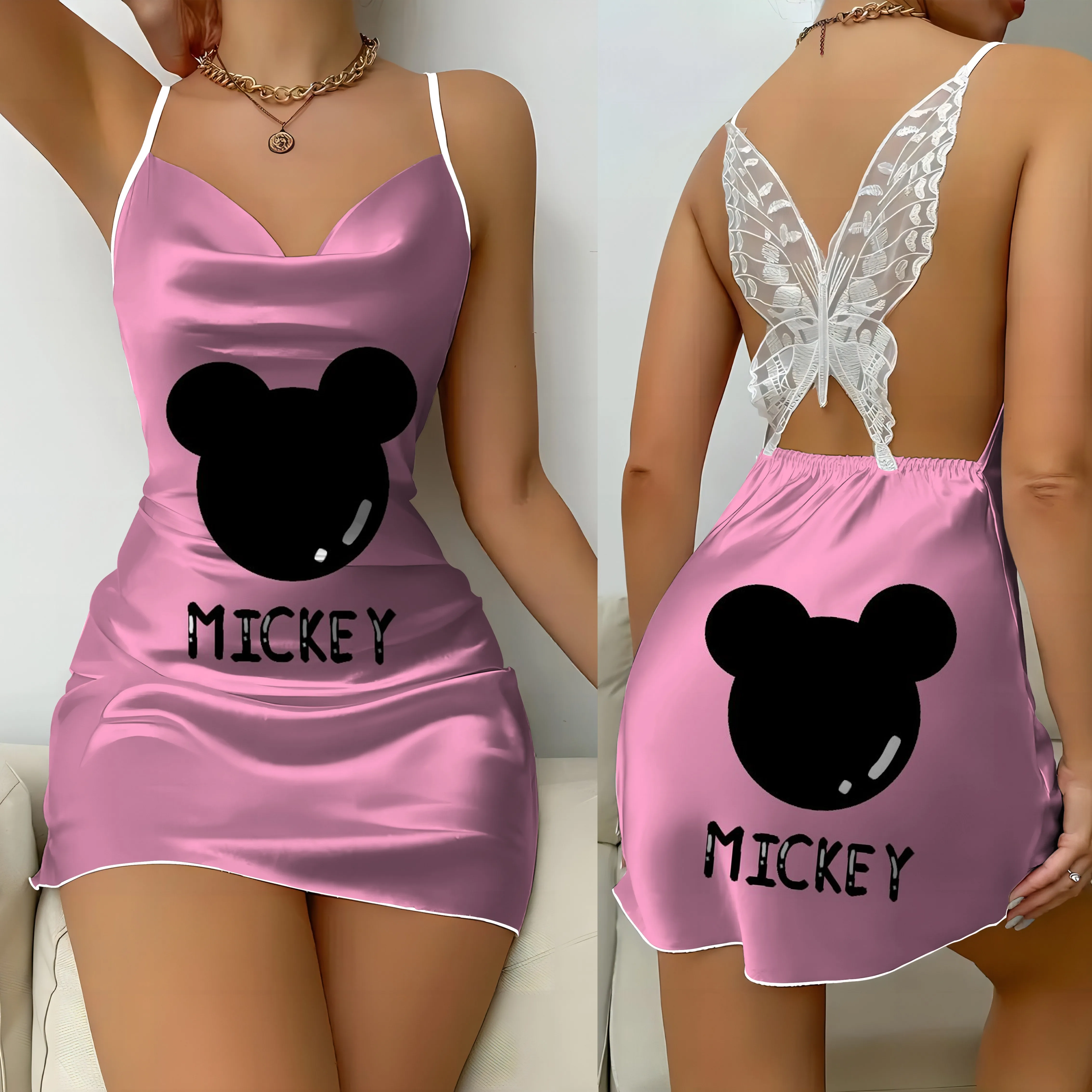 Mickey Satin Surface pigiama gonna abiti da donna Disney Backless Dress Bow Knot Minnie Mouse Fashion Summer 2024 Party Mini Sexy