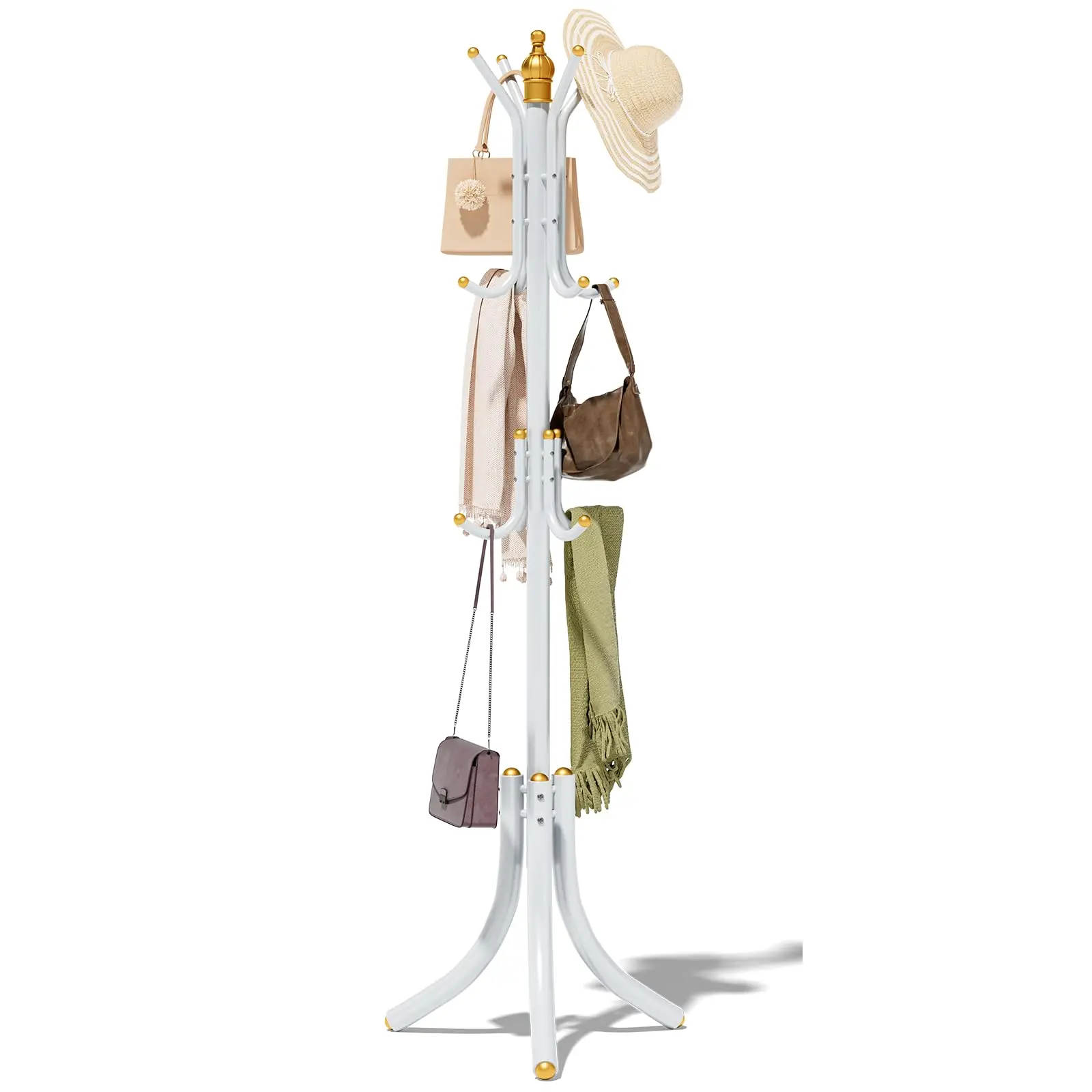 

White Metal Freestanding Coat Rack With 12 Hooks For Jackets, Handbags, Hats, Scarves – Entryway Hall Tree Organizer For Home
