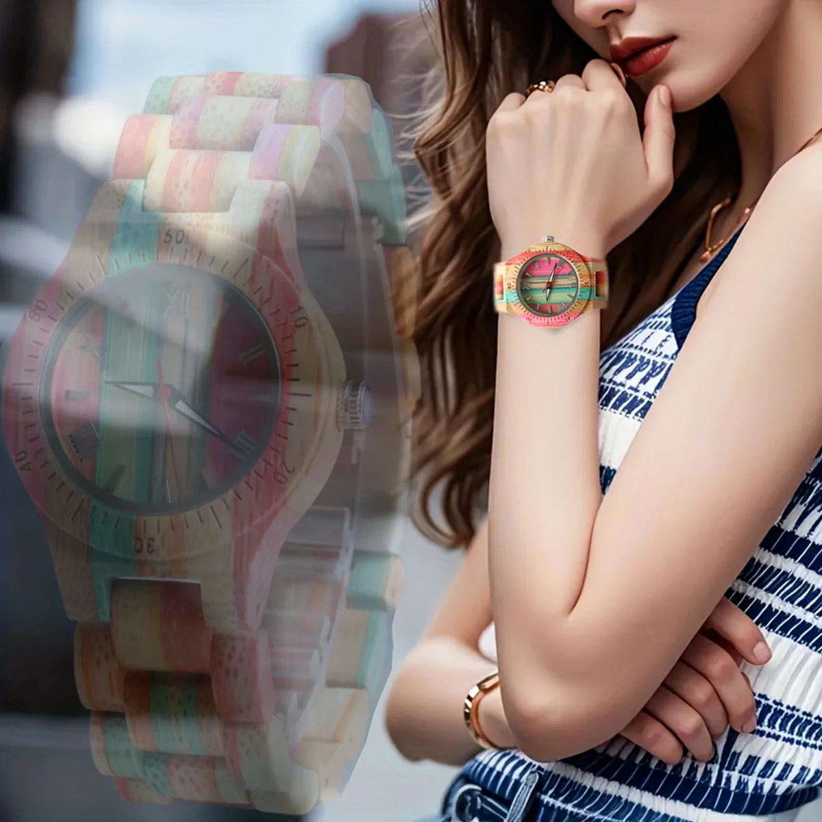 

Women Watch Elegant Colorful Bamboo Wooden Watches Fashionable Color Band Clock Quartz Wood Wristwatches Woman Gifts for Lovers