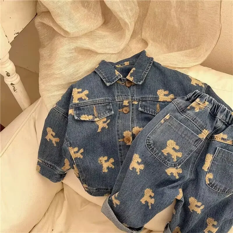 Children\'s Clothing Set Spring and Autumn New Fashionable Boy And Girl Denim Jacke Jeans 2 Piece Set Kids Baby Korean Casual Set