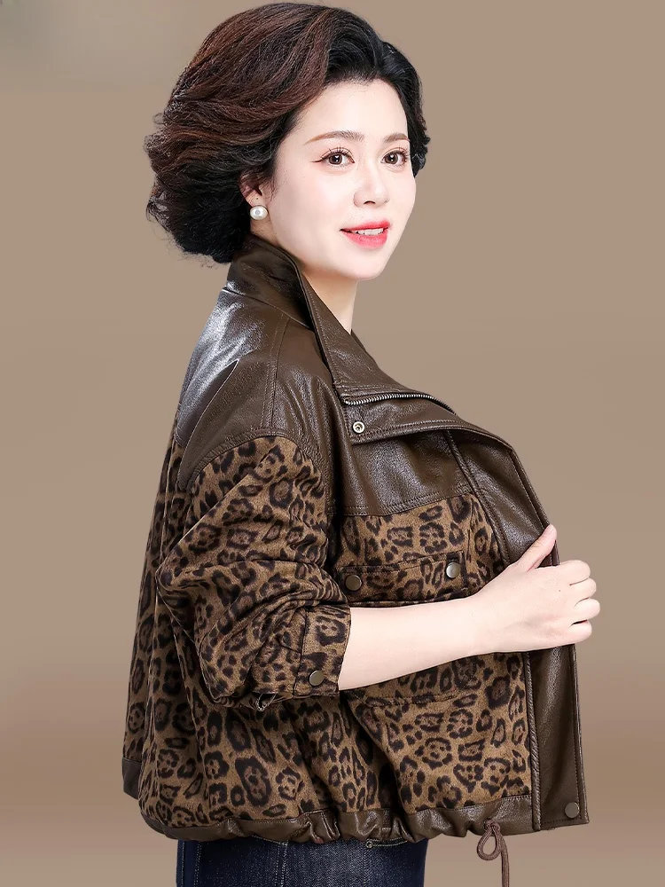 Jaqueta Feminina de Couro Curta para Primavera e Outono, Elegante para Mulheres de Meia-Idade e Mães, com Fechamento por Zíper