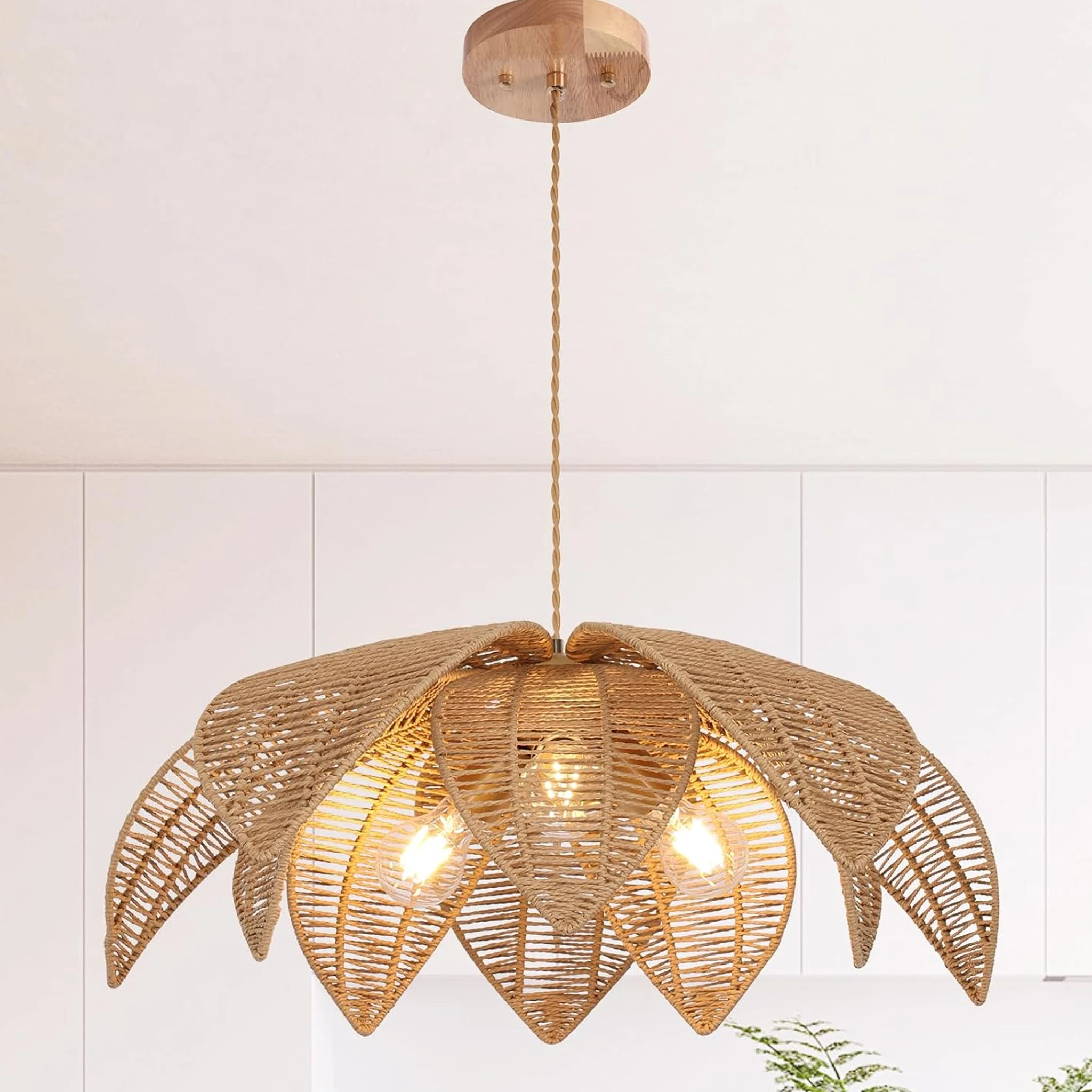 Rattan Chandelier 3-Light Hand Woven Wicker Pendant Lamp Farmhouse Wabi Sabi Ceiling Hanging Lamp Living Room Bedroom Home Decor