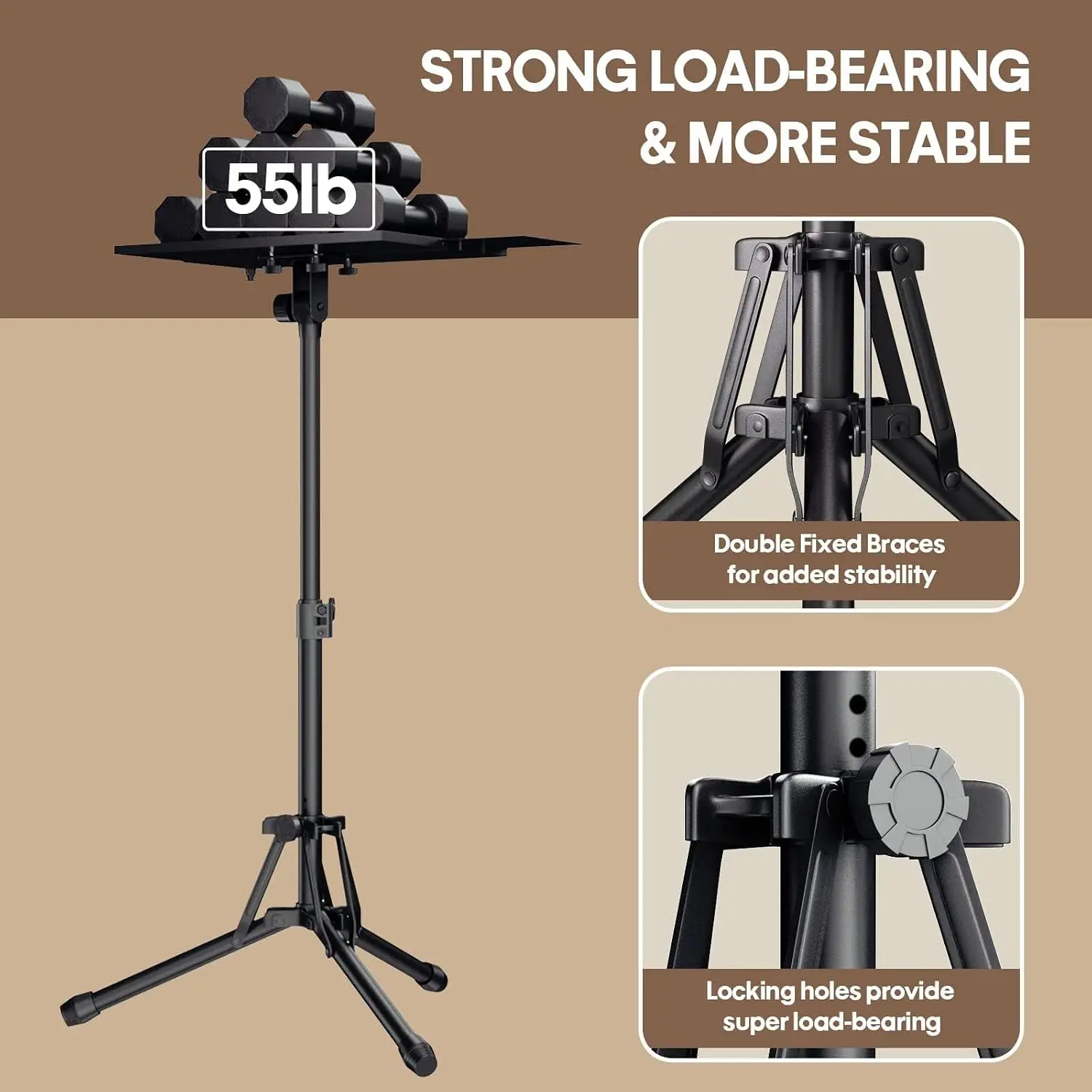 Adjustable Projector Stand 20-61in, Foldable Tripod with Tray & Phone Holder, Portable Laptop Floor Stand for Office Home Stage view 4