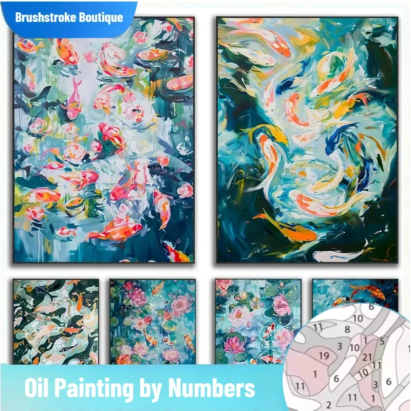 

Brushstroke Digital Oil Painting By Numbers Abstract Colorful Koi Fish Lotus Paint with Numbers Home Decor, Wall Art Perfect Gif